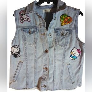 Vtg Bullhead Denim Jean  Vest with Patches Size L Y2K Hippie Bikercore